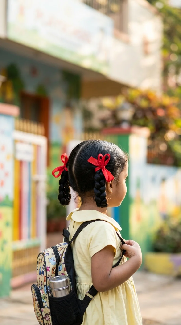 Indian toddler hairstyles example, a little girl with two oiled plaits folded up and tied with red ribbon loops