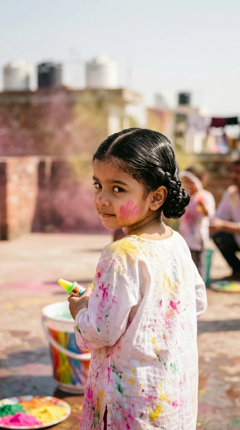 Over the shoulder view of an Indian toddler girl with two oiled braids pinned into a low bun and Holi colors on her clothes
