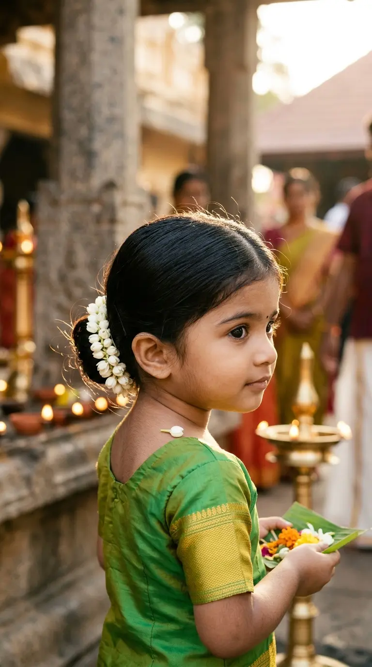 Over the shoulder view of an Indian toddler girl with a low bun wrapped in a fresh jasmine gajra