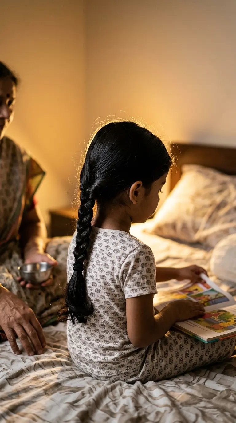 Three quarter back view of an Indian toddler girl with a single loose oiled plait at bedtime