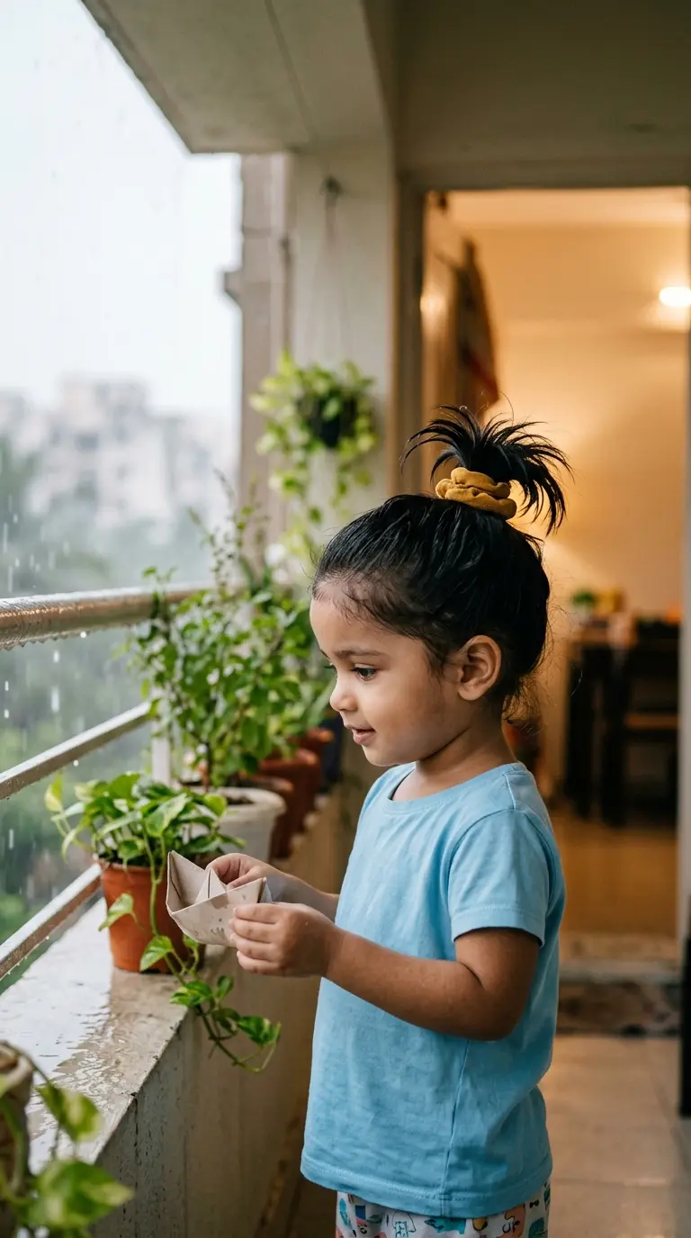 Three quarter front view of an Indian toddler girl with a short fountain ponytail on top of her head on a rainy balcony