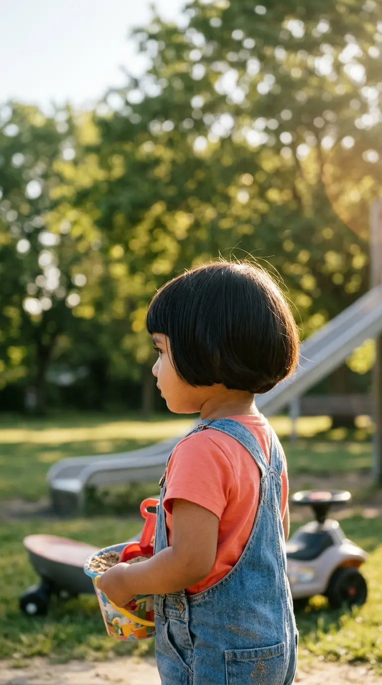 Three quarter back view of an Indian toddler girl with a rounded mushroom bob haircut and straight fringe