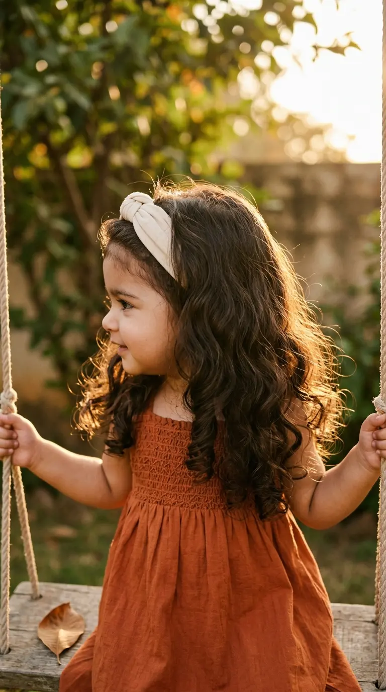 Side profile of a South Asian toddler with thick scrunched waves held back by a soft hairband