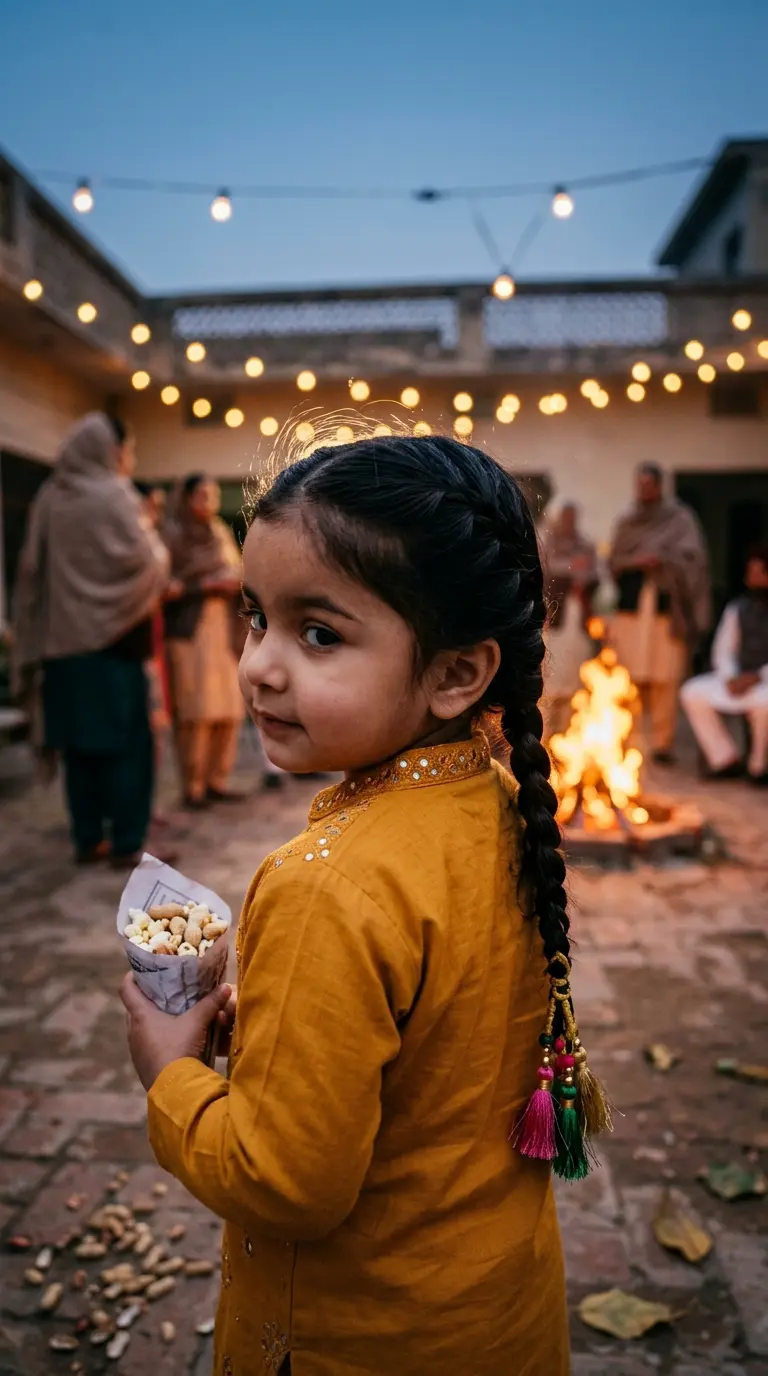Over the shoulder view of an Indian toddler girl with a single thick braid finished with a small tasseled parandi