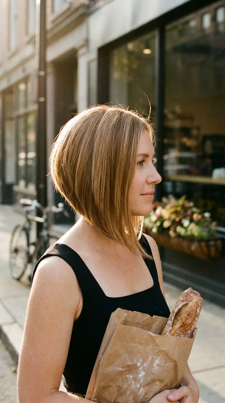 Side profile of a caramel blonde inverted bob shorter in the back