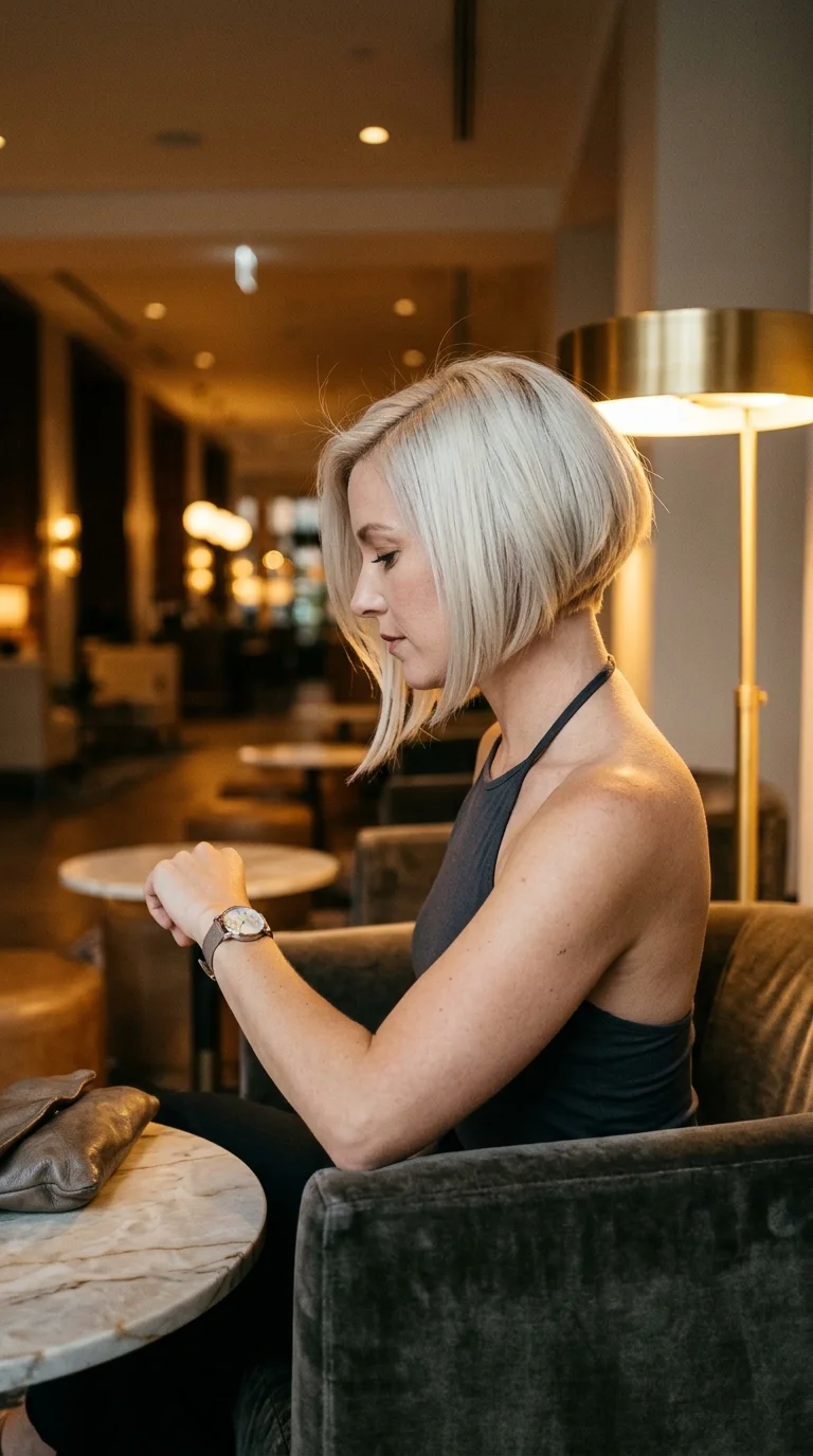 Side profile of a platinum inverted bob with a short tapered nape