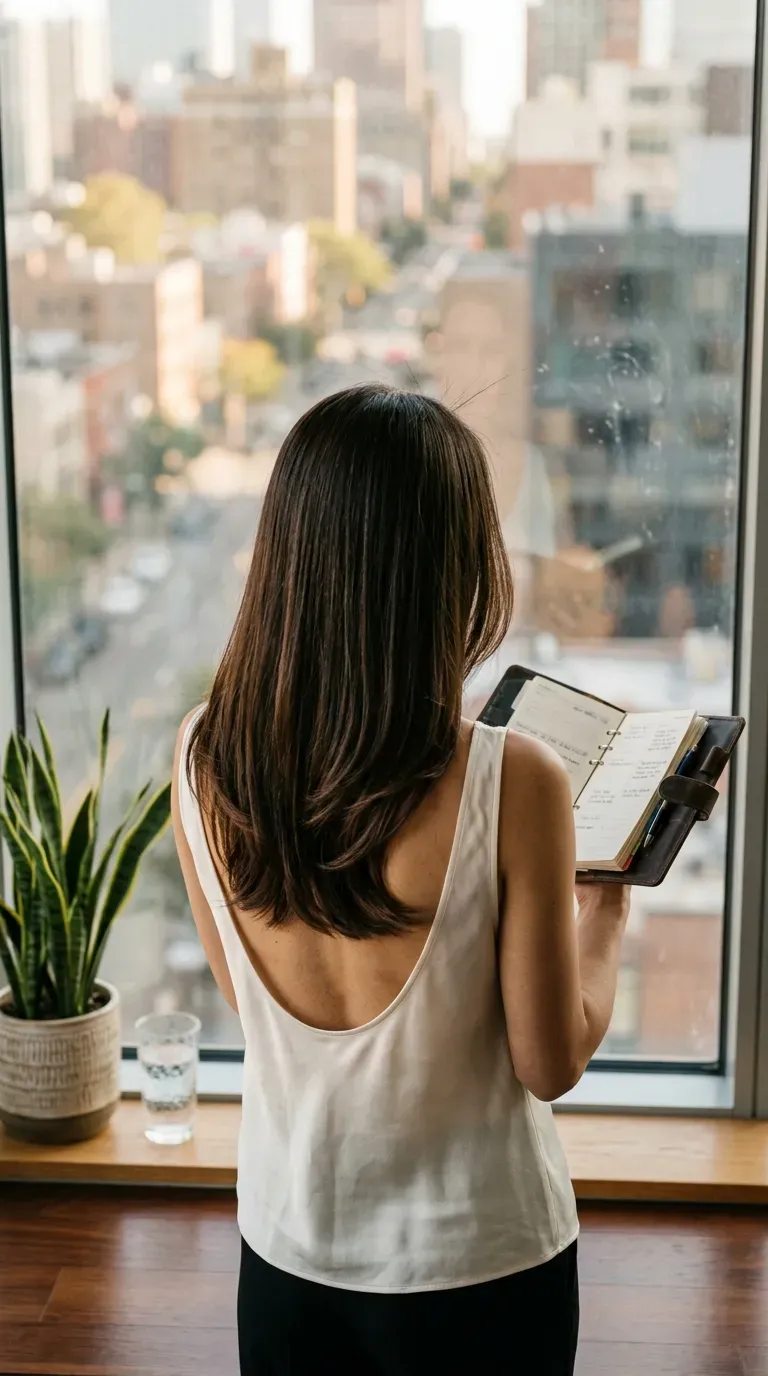 Long sleek dark brown hair with hidden internal layers moving softly by an office window