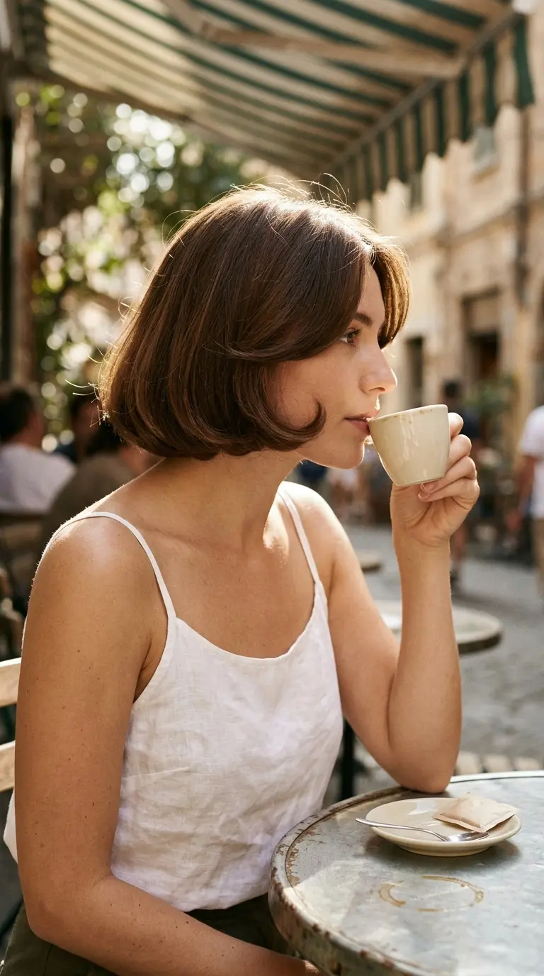 Side profile of a chestnut Italian bob with full bouncy ends at an espresso bar