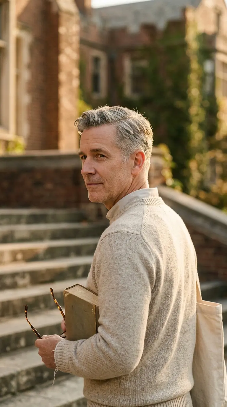 Over the shoulder view of a grey Ivy League haircut on library steps