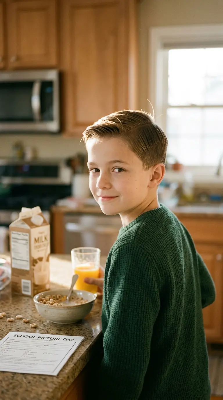 Over the shoulder view of a boy with an Ivy League cut and side part