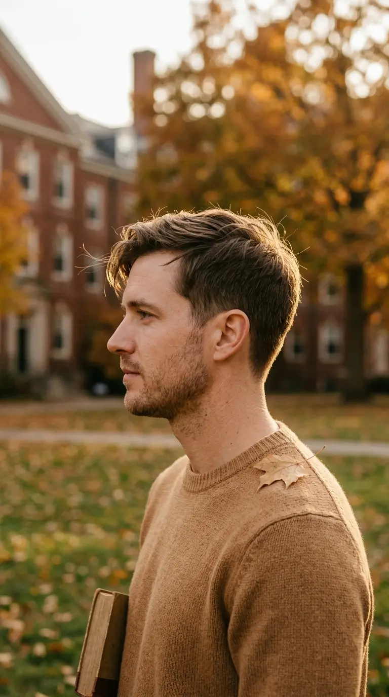 Side profile of a man with an Ivy League cut swept to one side
