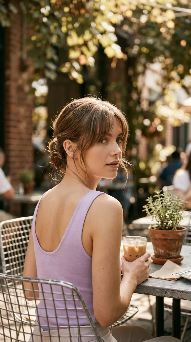 Job interview hairstyle, curtain bangs with a low twist, over the shoulder view