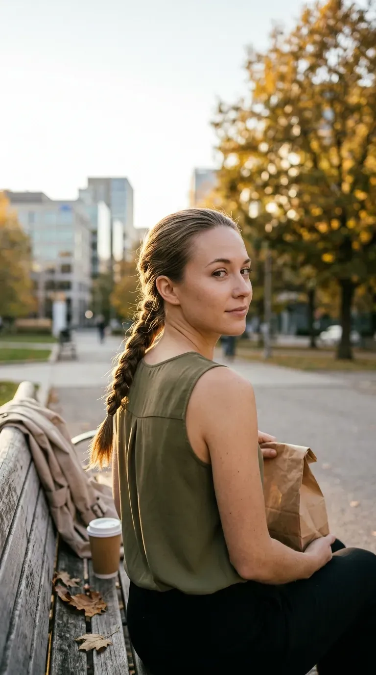 Job interview hairstyle, low side braid, over the shoulder look back