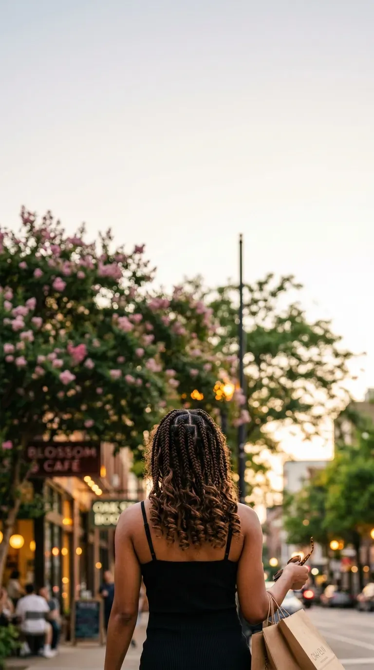 Jumbo knotless braids with wavy curls swinging as a woman crosses a city street