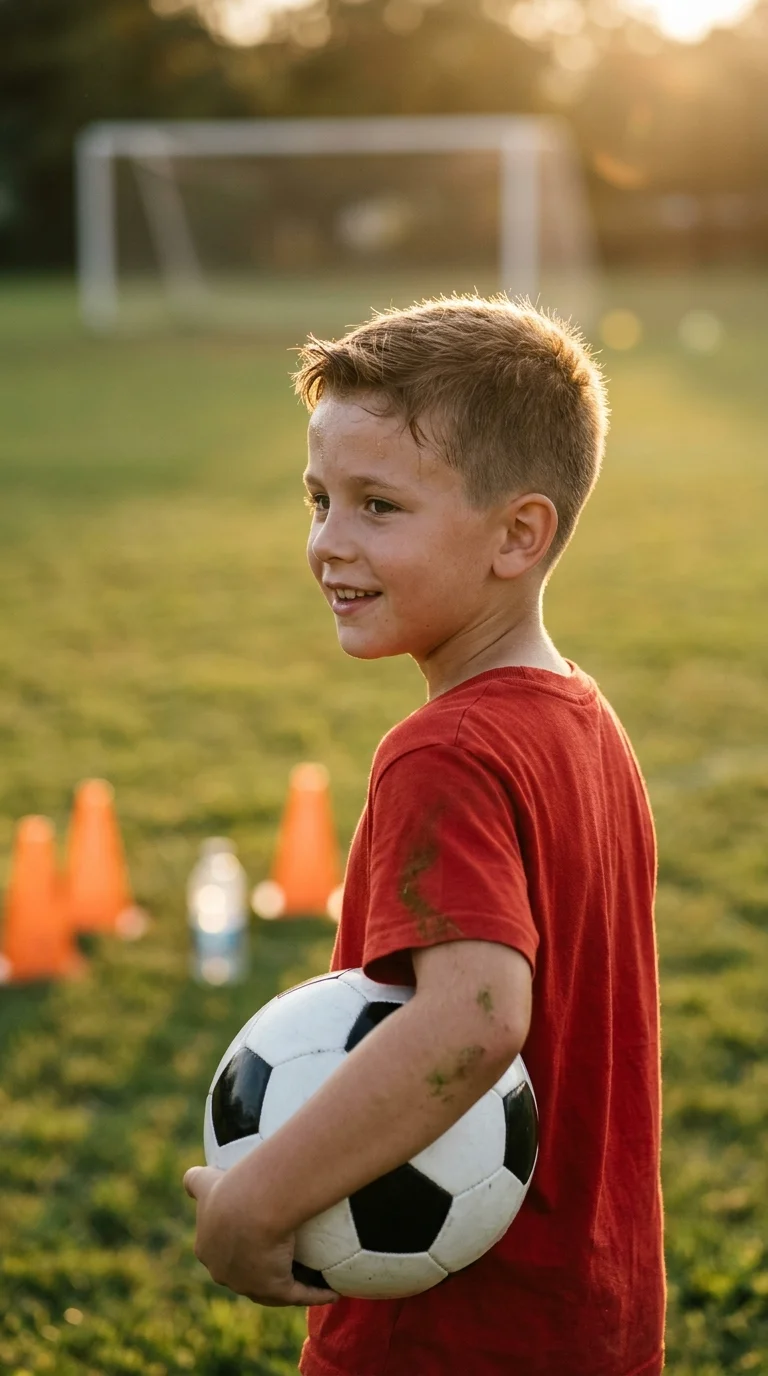 Three quarter front view of a boy's crew cut with a longer front