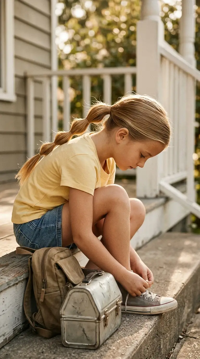 Three quarter side view of a girl with a blonde bubble ponytail on a porch