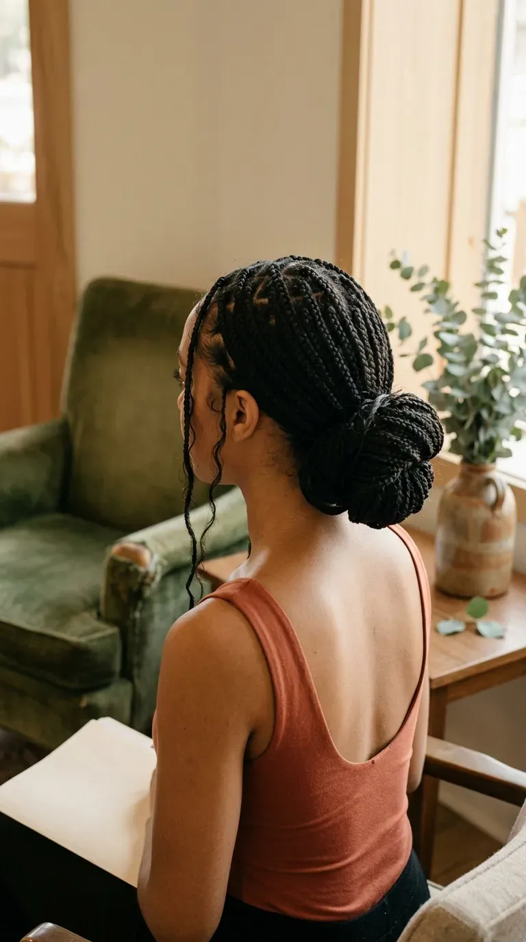 Three quarter back view of knotless braids in a low bun