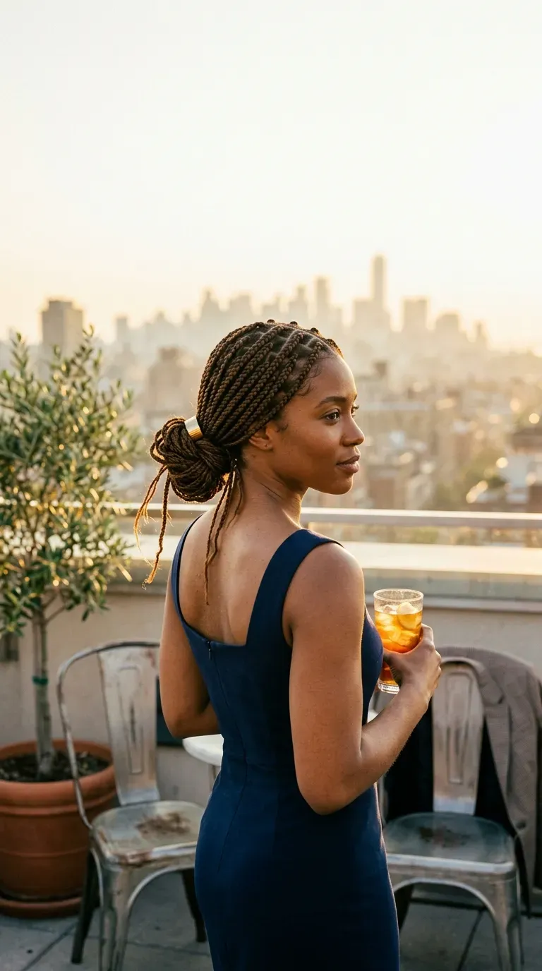 Over the shoulder view of knotless braids in a low chignon on a rooftop