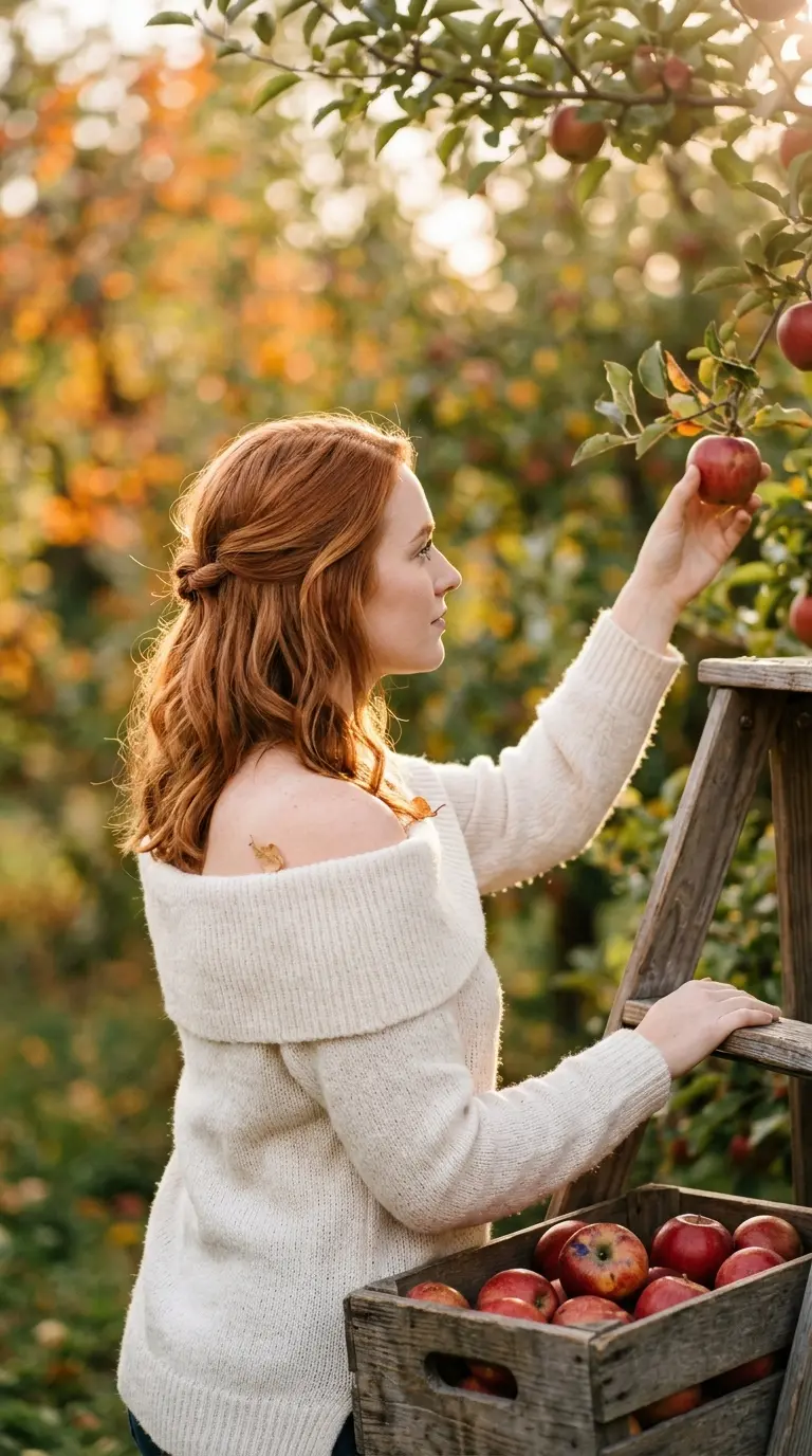Side profile of a copper red lob in a knotted half up style