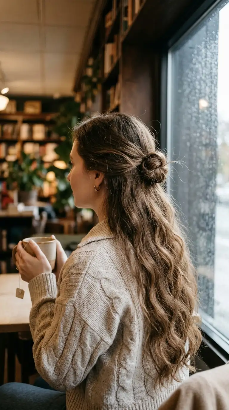 Back view of two side sections tied together in a loose knot at the back of the head over long hair