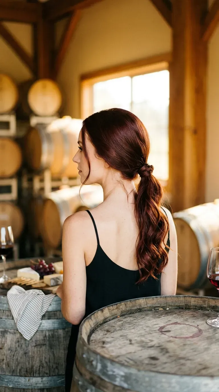Three quarter back view of a knotted low ponytail with loose loops