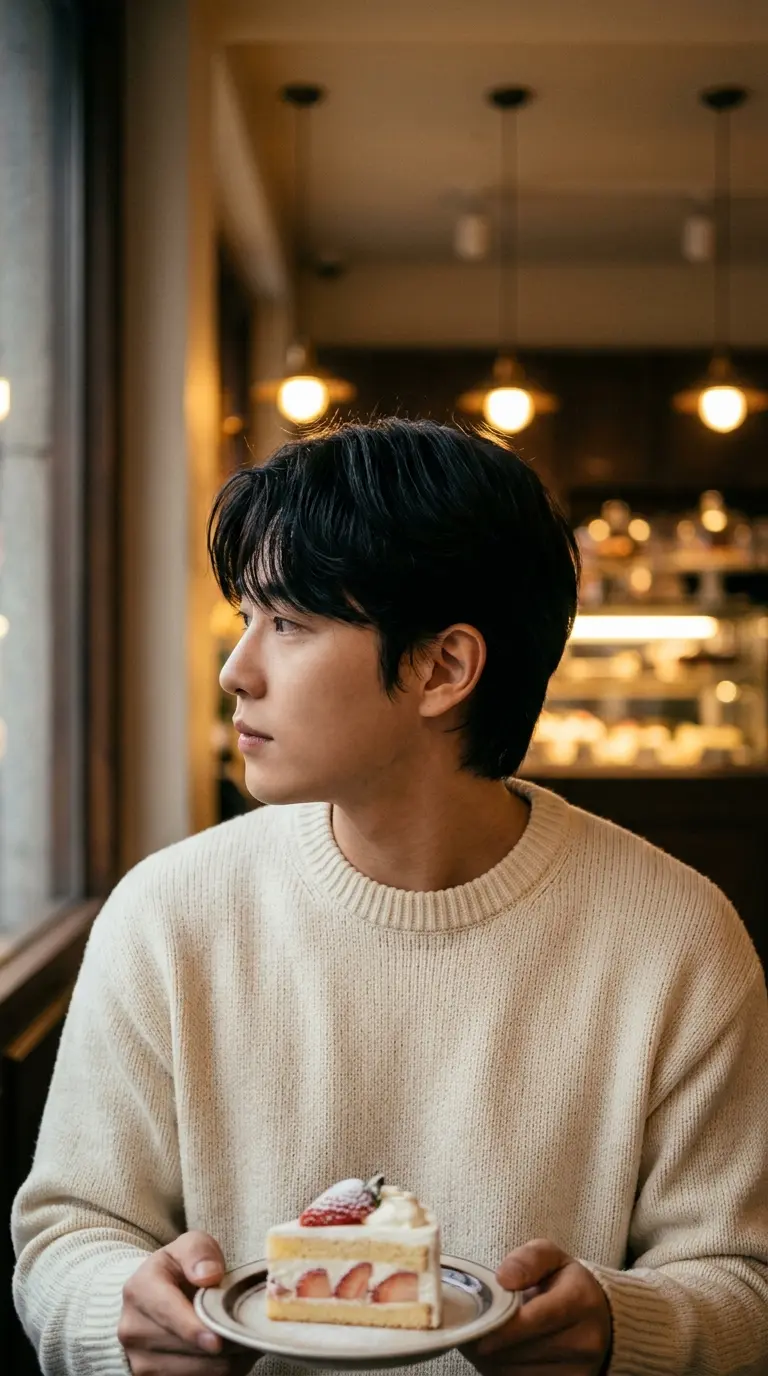 Three quarter front view of a man with Korean comma hair curving at the forehead