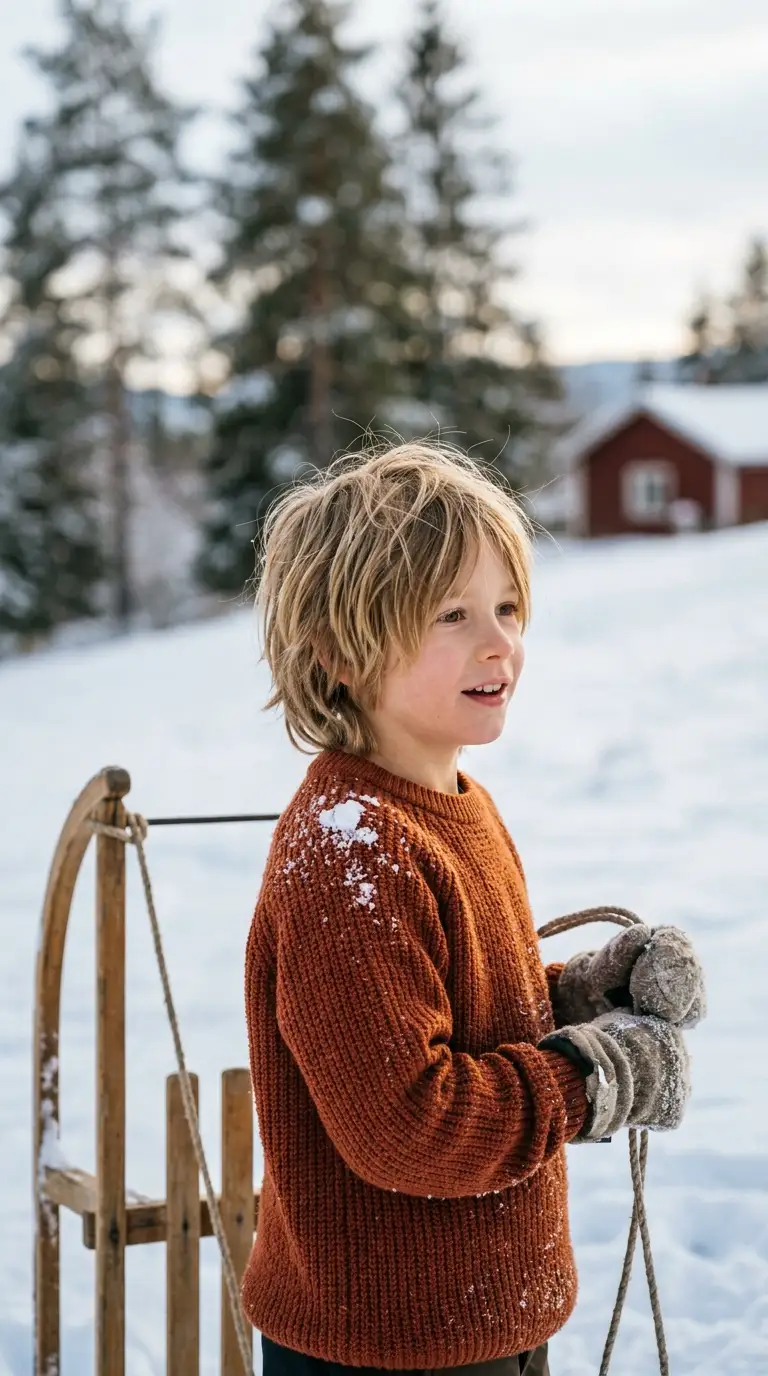 Three quarter front view of a boy with tousled swept back blond hair beside a sled in the snow