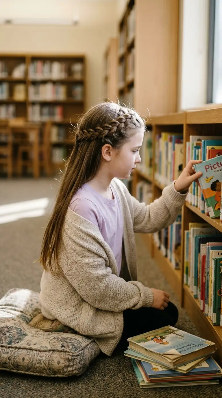 Girl with a lace braid headband in chestnut hair, side view by a library window