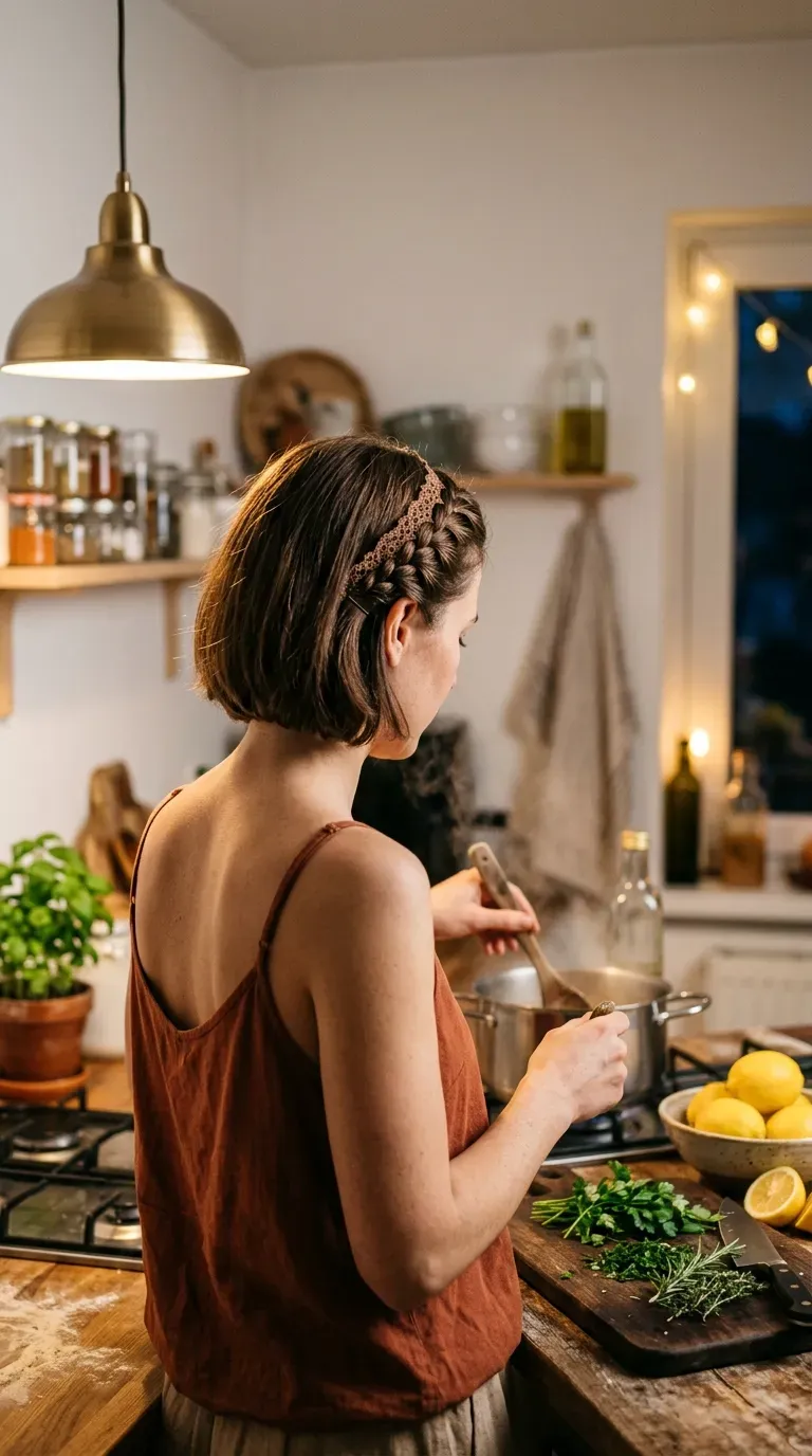 Short brunette bob with a lace braid running ear to ear like a headband