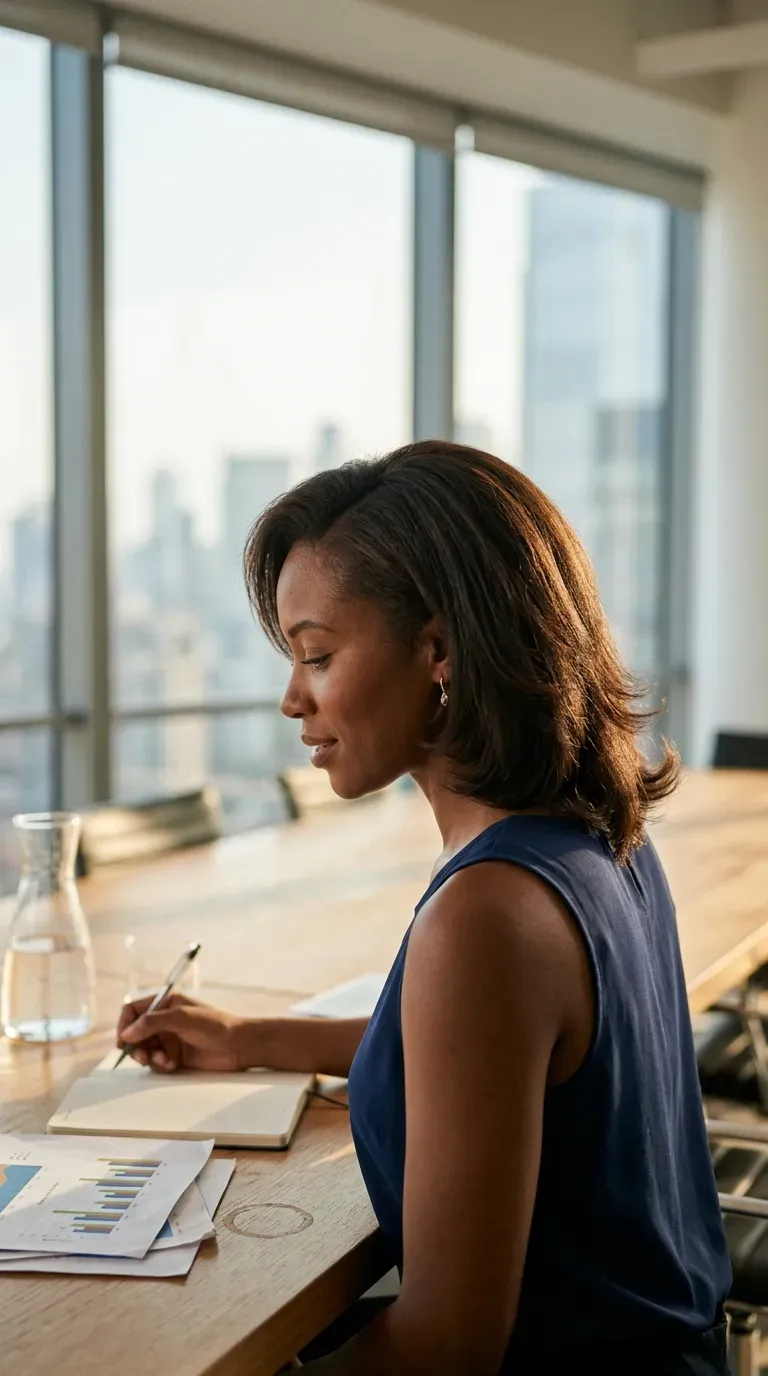 Side profile of shoulder length layers with a soft blowout in a conference room