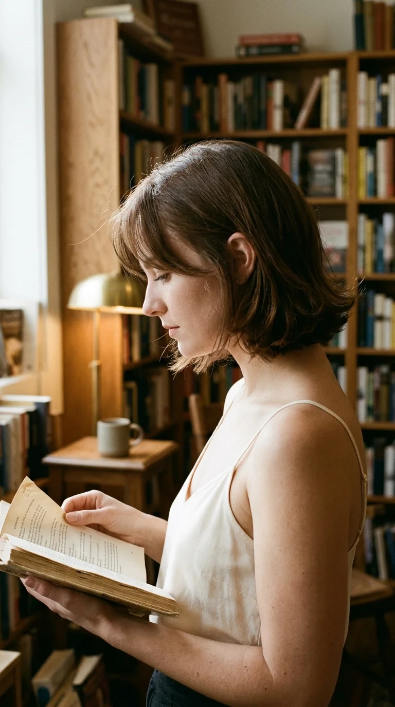 Side profile of a chestnut layered bob ending just below the chin at a bookshop