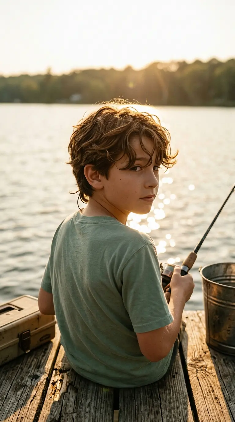 Three quarter back view of a boy with a layered shag on wavy hair