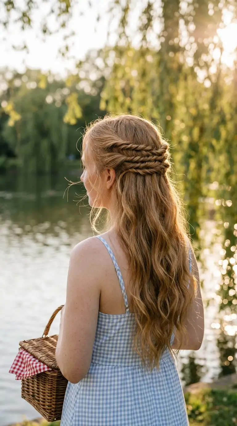 Back view of three rows of small twists pinned one under another across the back of the head over long waves