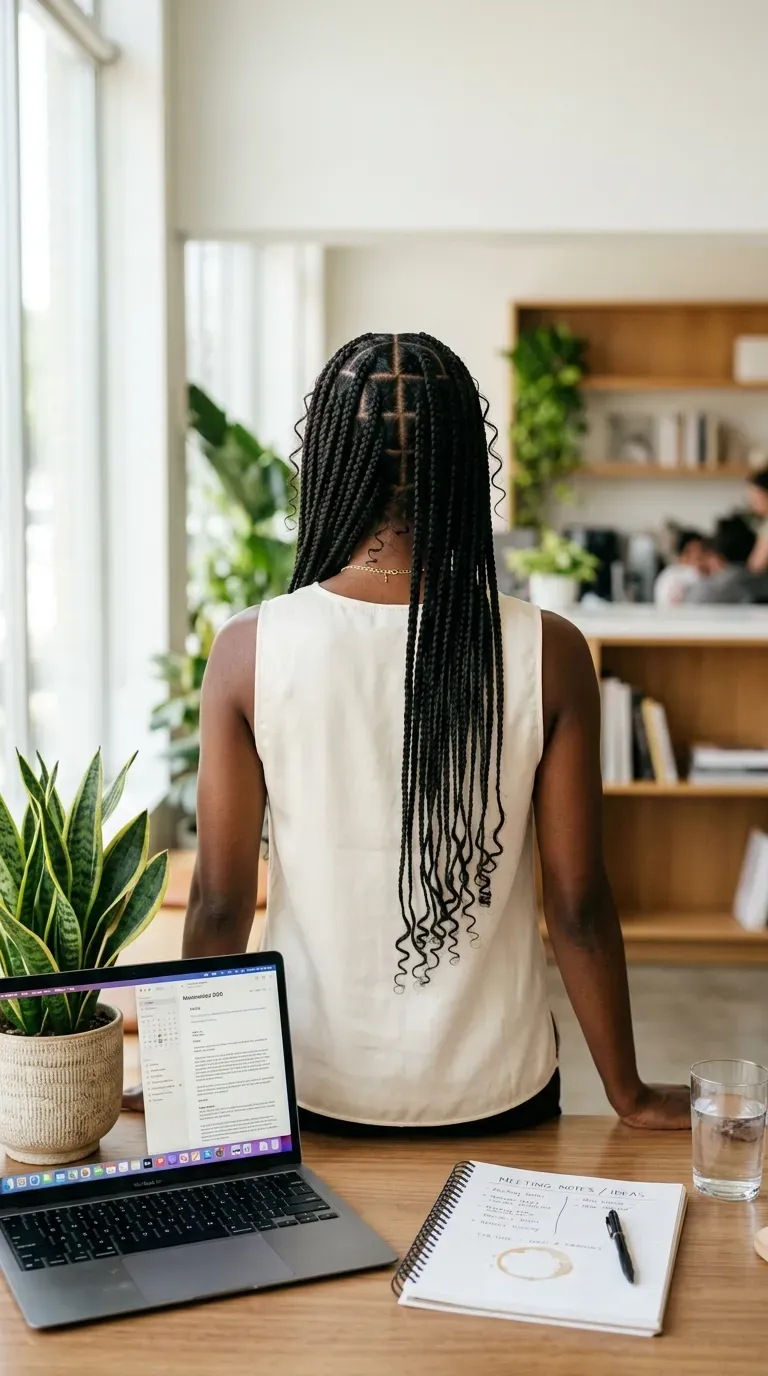 Layered braids cut into a V shape with curls swinging on a beach boardwalk