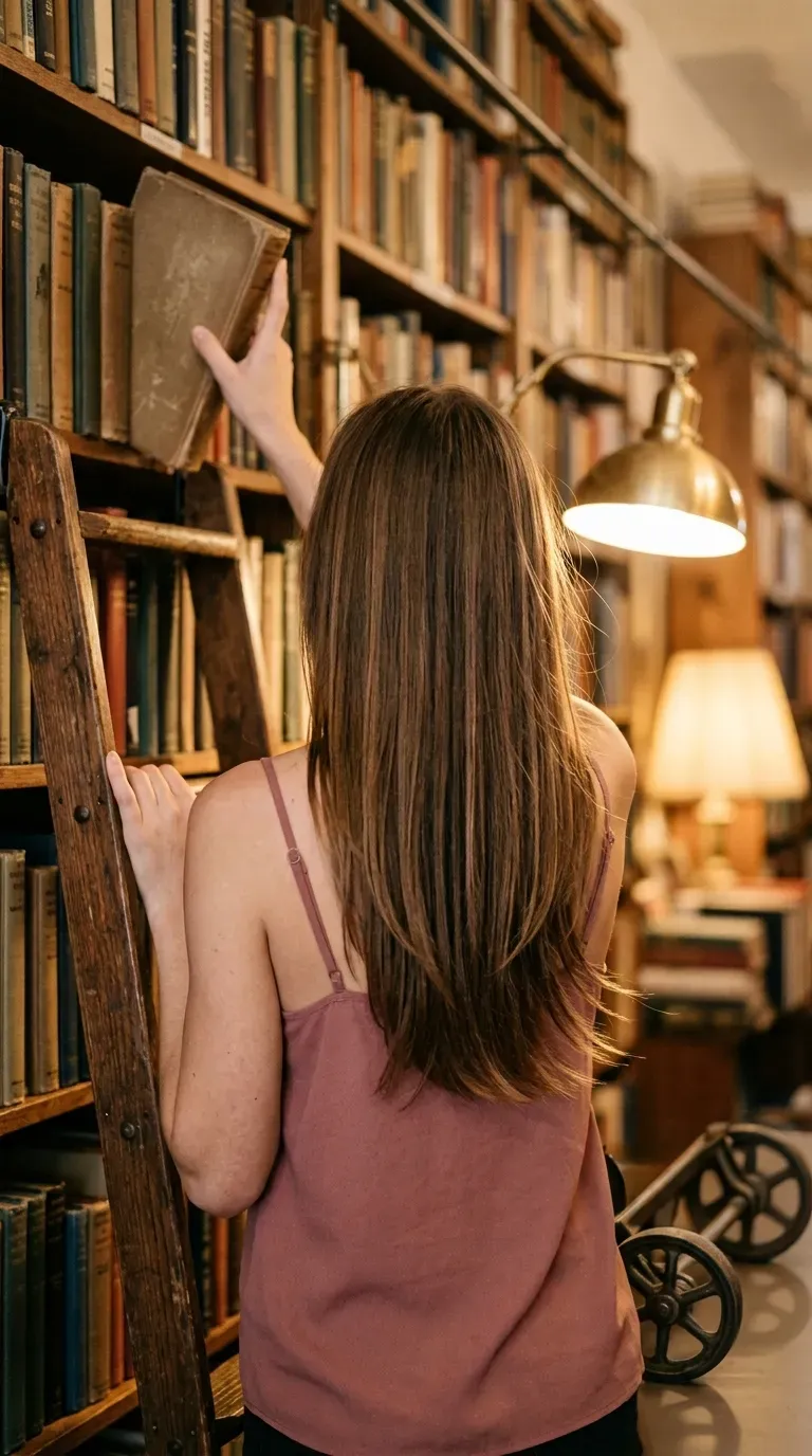 Medium brown long straight hair with subtle layers starting below shoulders in bookshop