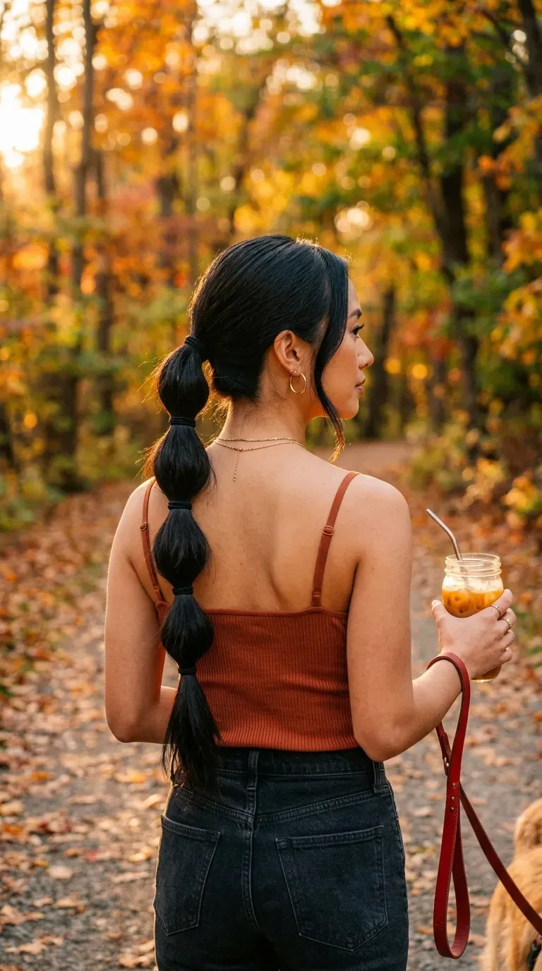 Woman walking a dog in an autumn park with a black bubble ponytail