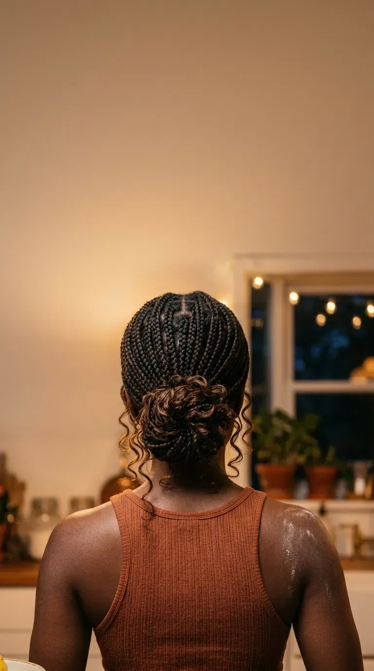 Neat knotless braids with only a few loose curls in a bright office