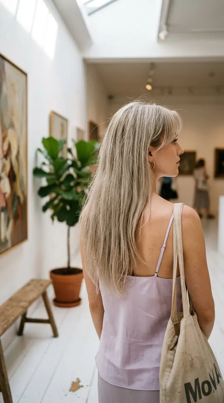 Fine ash blonde long hair with light shallow curtain bangs in a bright gallery