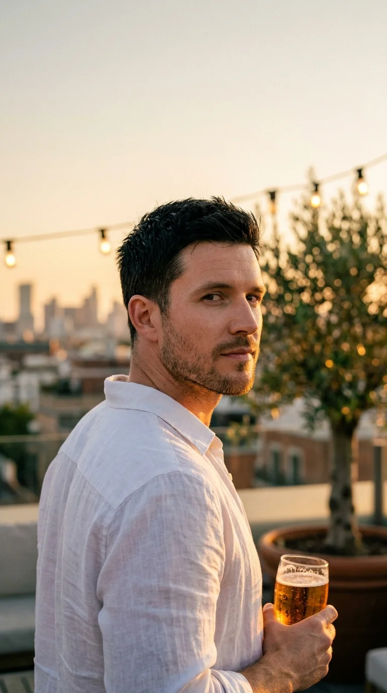 Over the shoulder view of a man with light stubble showing a strong square jaw
