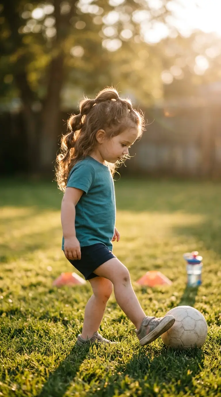 Three quarter front view of a toddler with a linked ponytail faux hawk playing ball