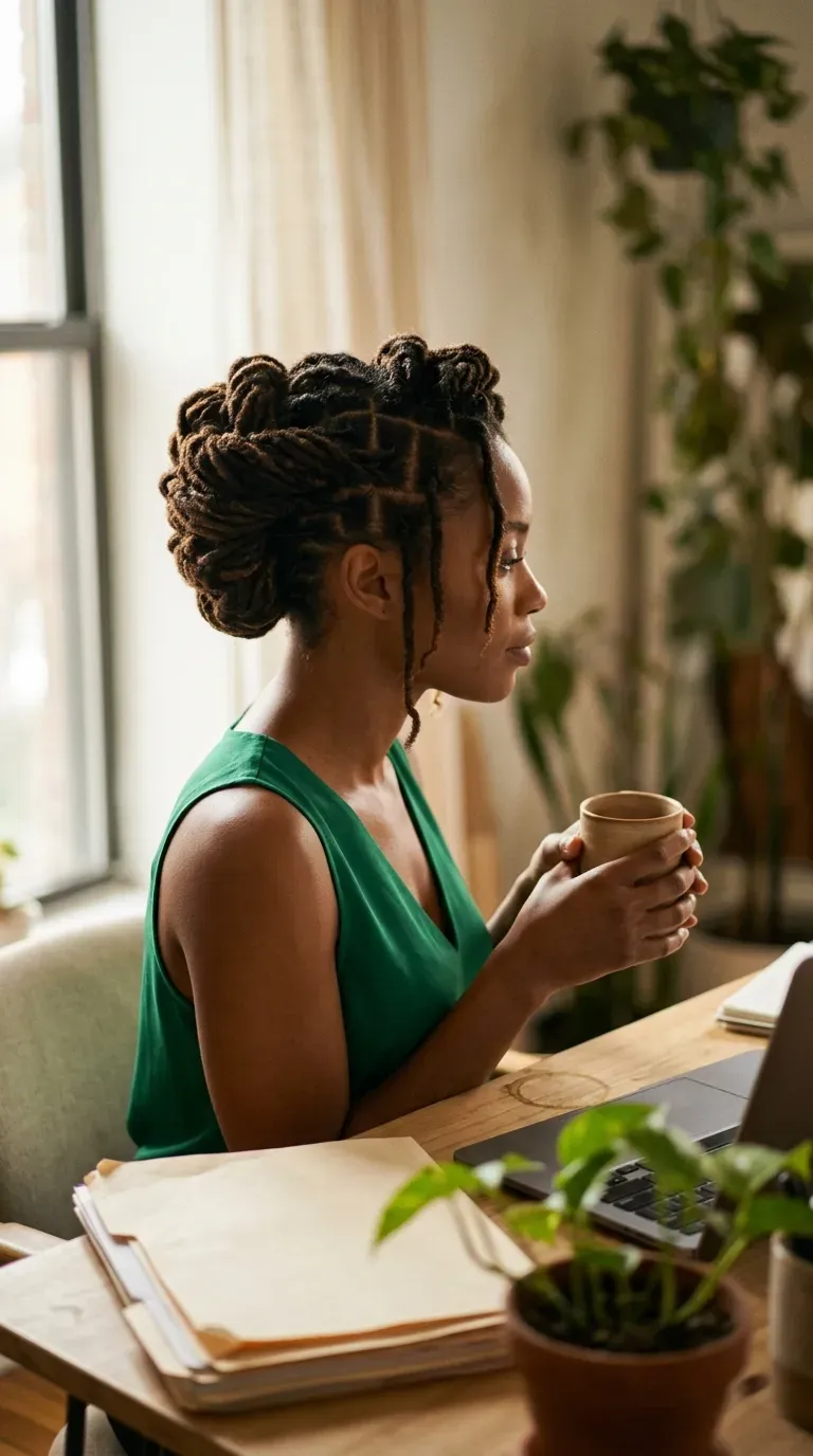 Side view of a loc updo with a twisted roll at a home office desk