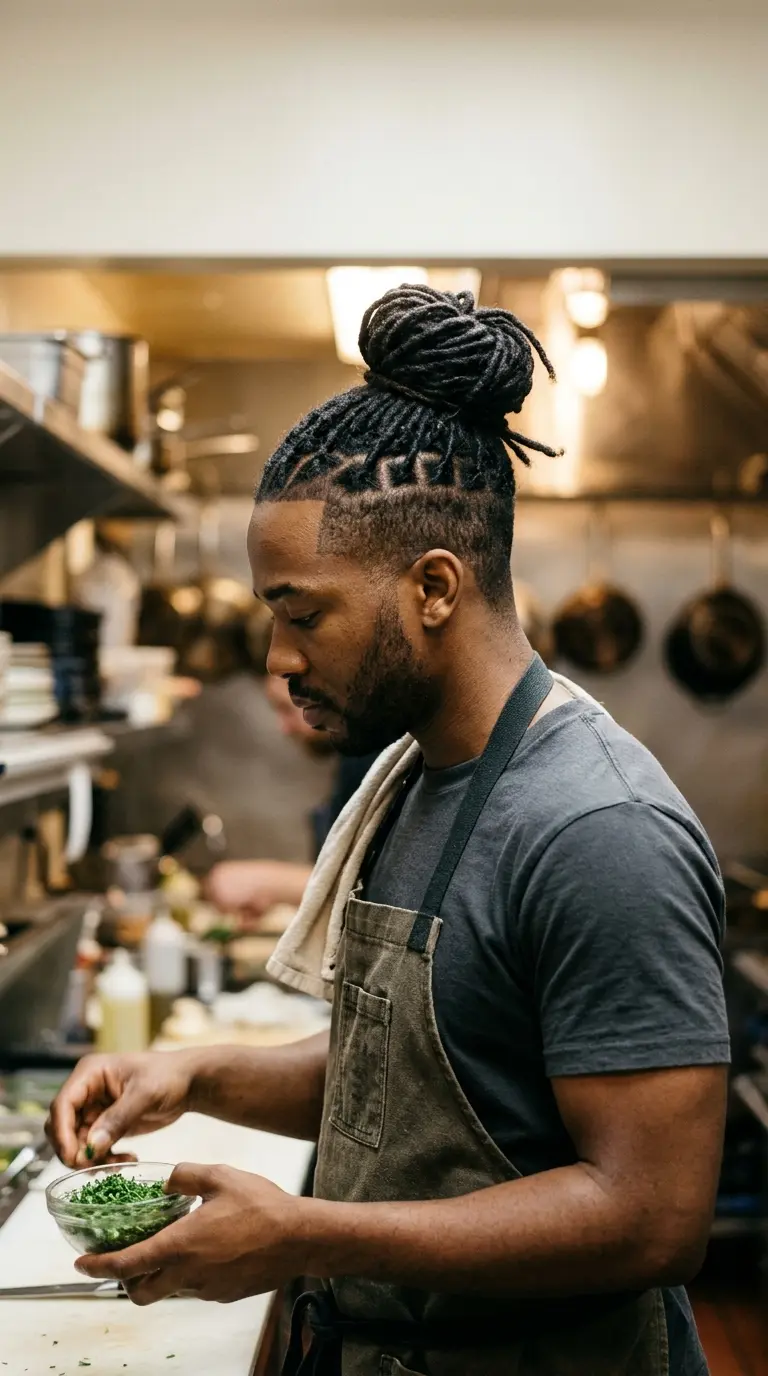 Side profile of a Black man with locs tied in a top knot and a short undercut