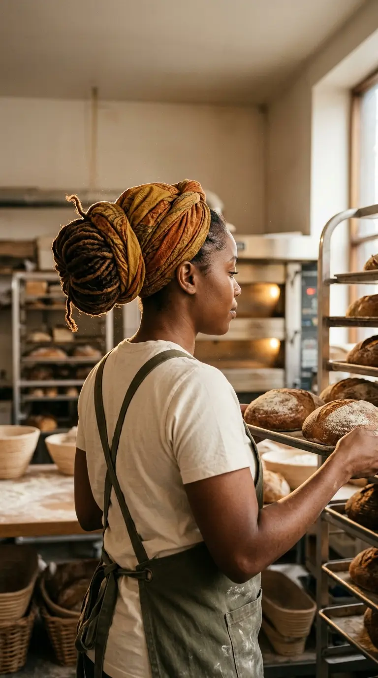 Three quarter back view of a café baker with medium locs gathered into a wrapped bun