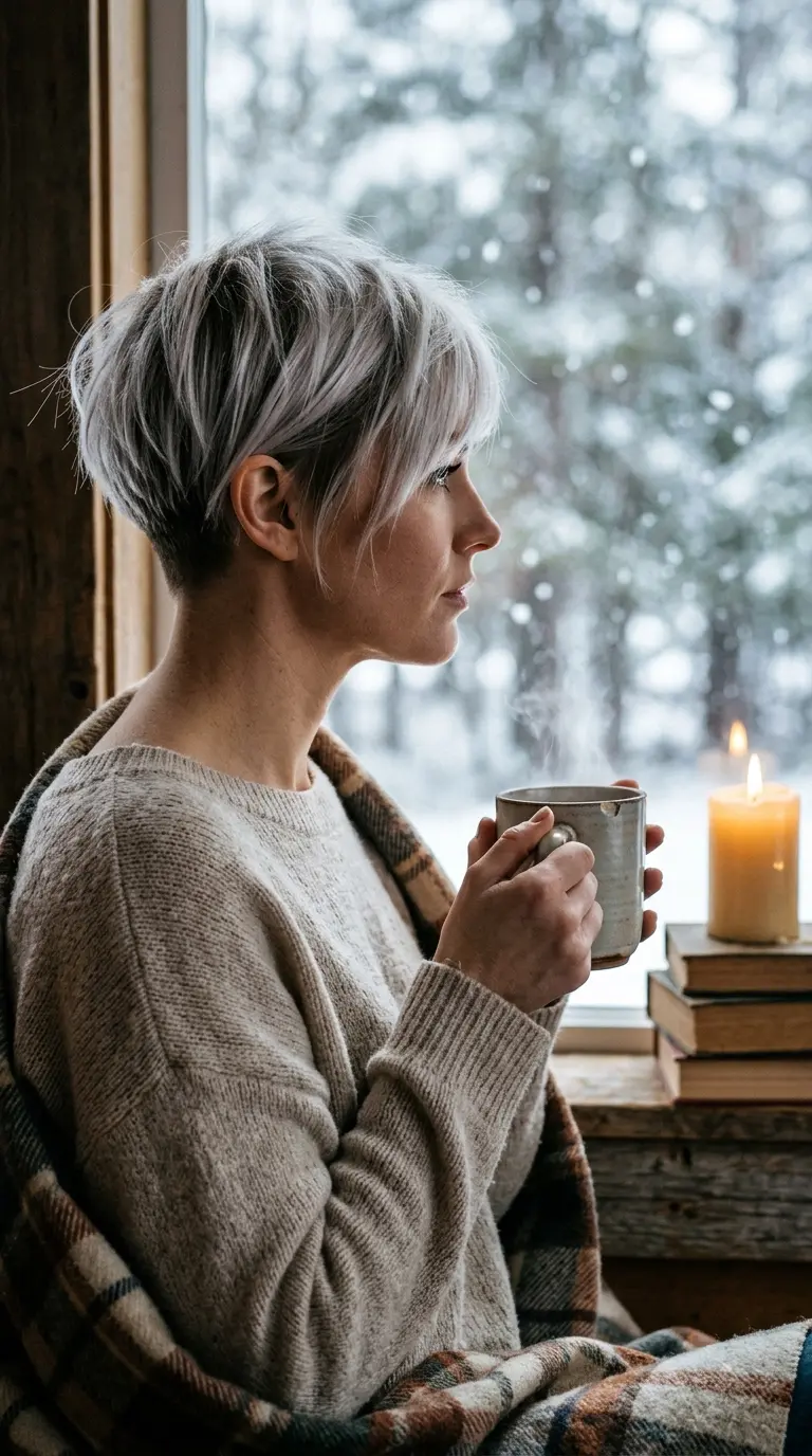 Side profile of a long bang pixie with the fringe swept over one brow