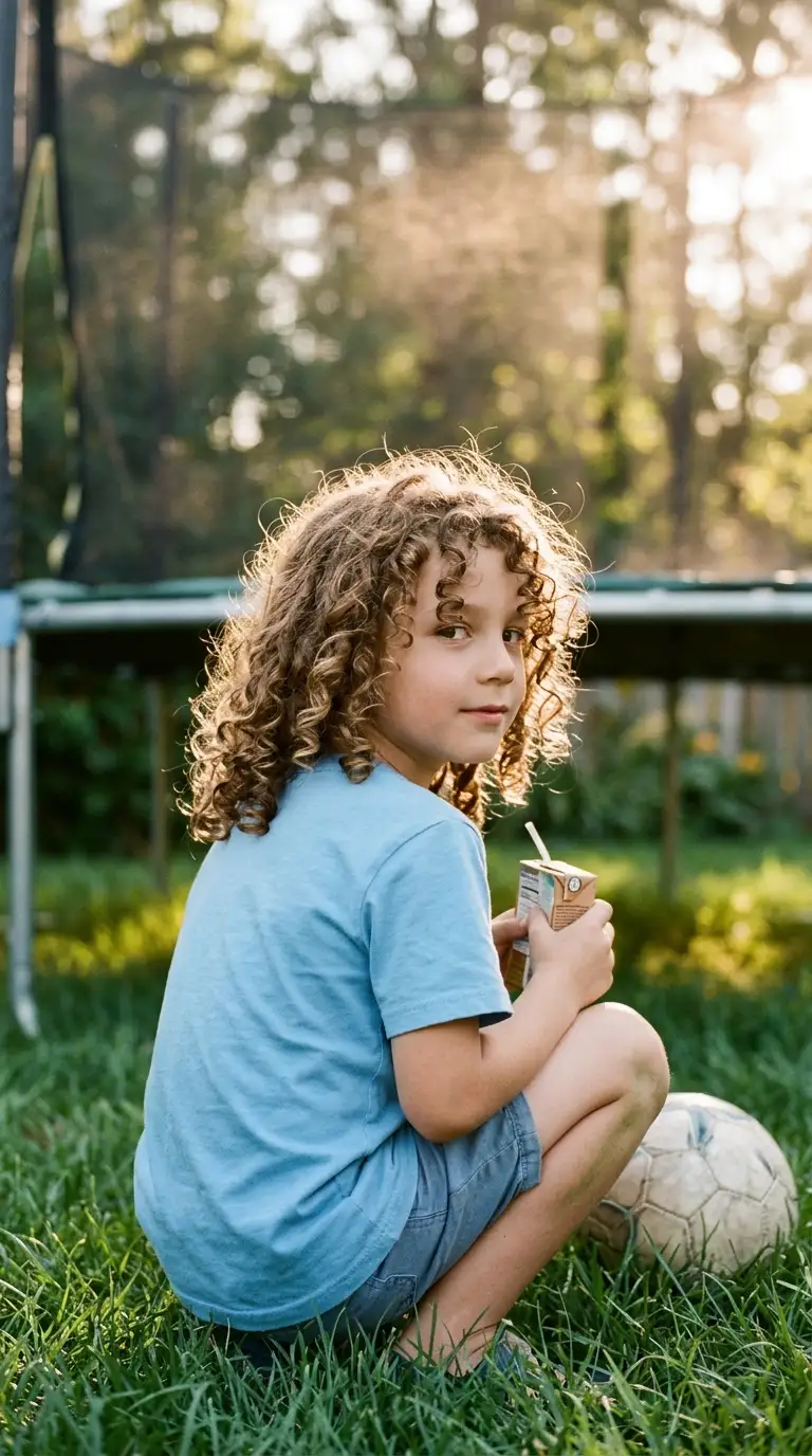 Three quarter back view of a boy with long defined ringlet curls outdoors