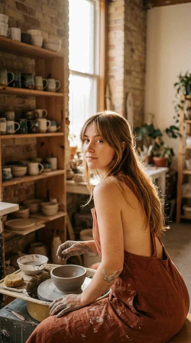 Over the shoulder view of medium hair with long off center curtain bangs