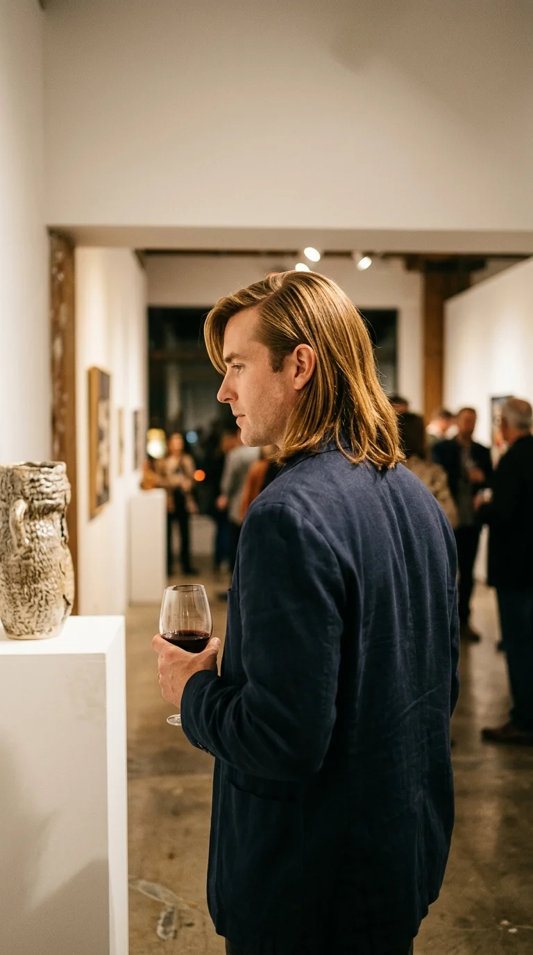 Three quarter back view of a long deep side part at an art gallery