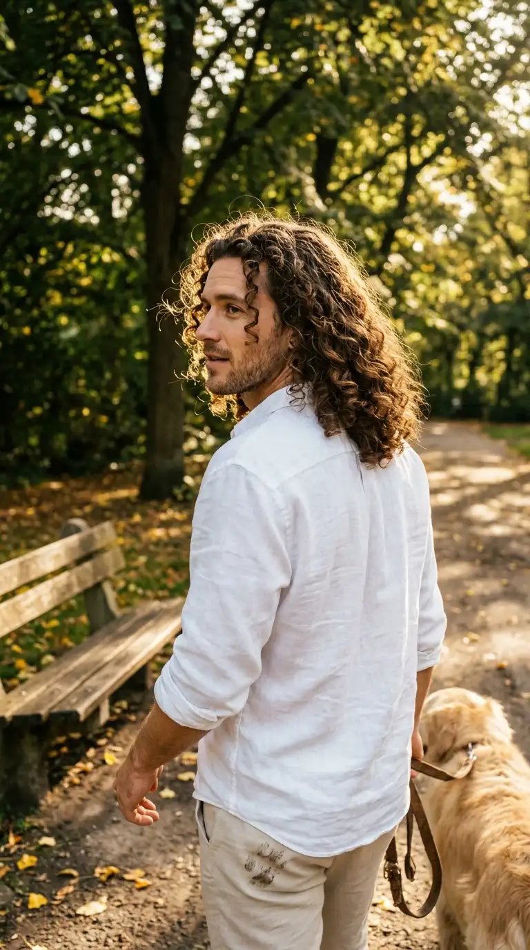 Over the shoulder view of long defined curls on a man walking his dog