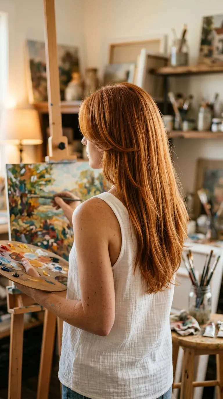 Copper red long hair with full cheekbone face framing layers in an art studio