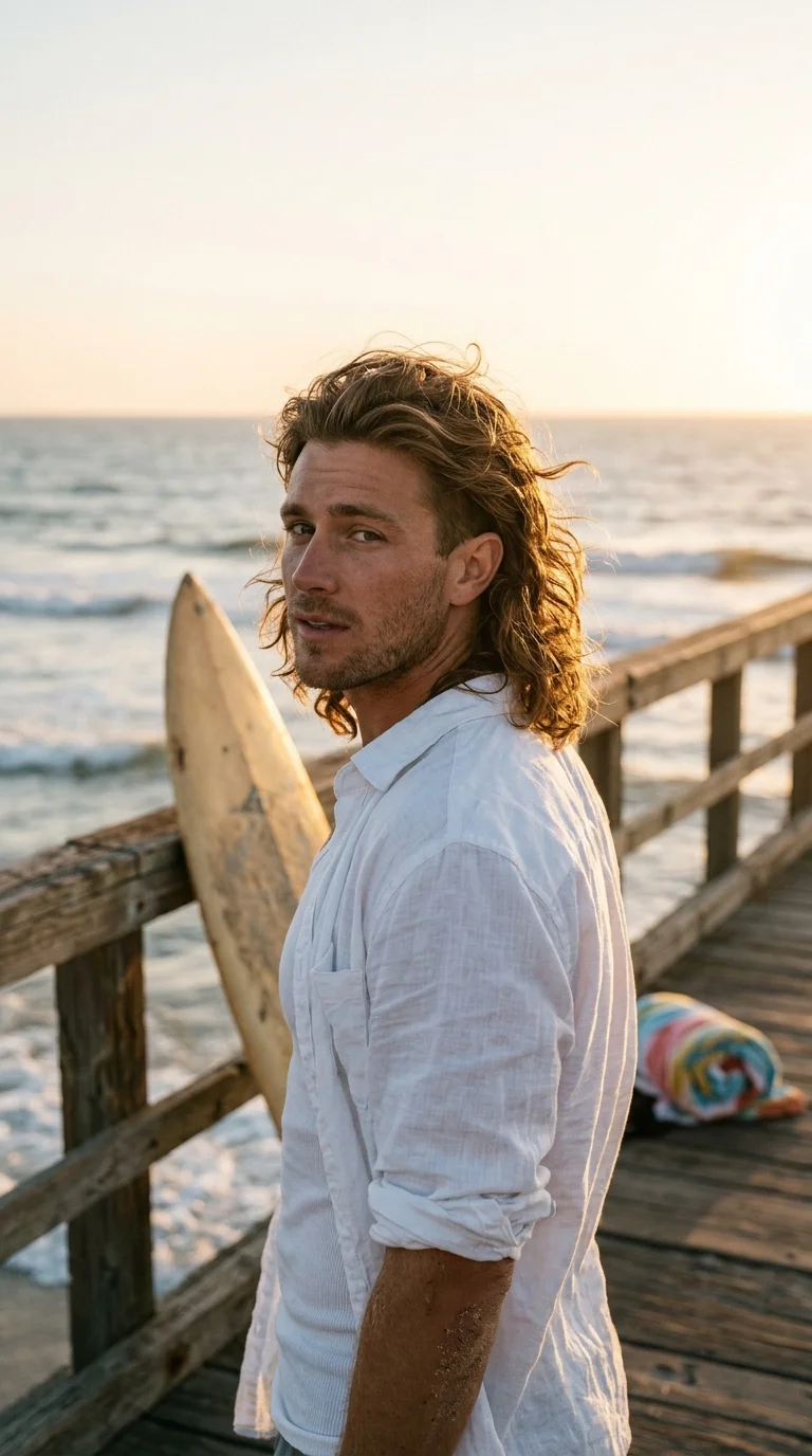 Over the shoulder view of a long flow mullet reaching past the shoulders